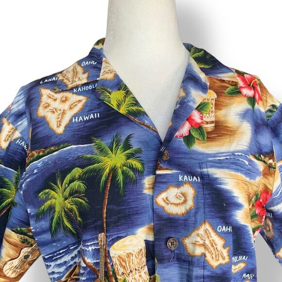Vintage RJC Hawaiian Shirt Blue Island Map Short Sleeve Floral Aloha Boxy Camp - Picture 2 of 8